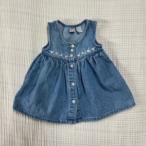 Talbots Kids Vintage 90s Y2K Denim Floral Embroidered Dress Blue Cotton 6M